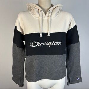 Vintage Champion Block Script Logo Hoodie - Cropped Colorblock Retro